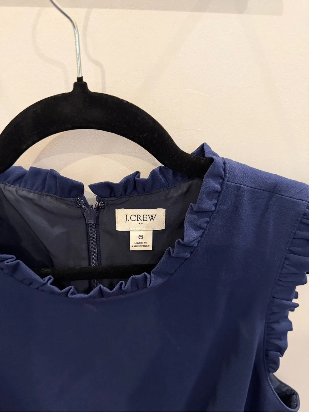 J. Crew Navy Sleeveless Shift Dress with Ruffle Trim